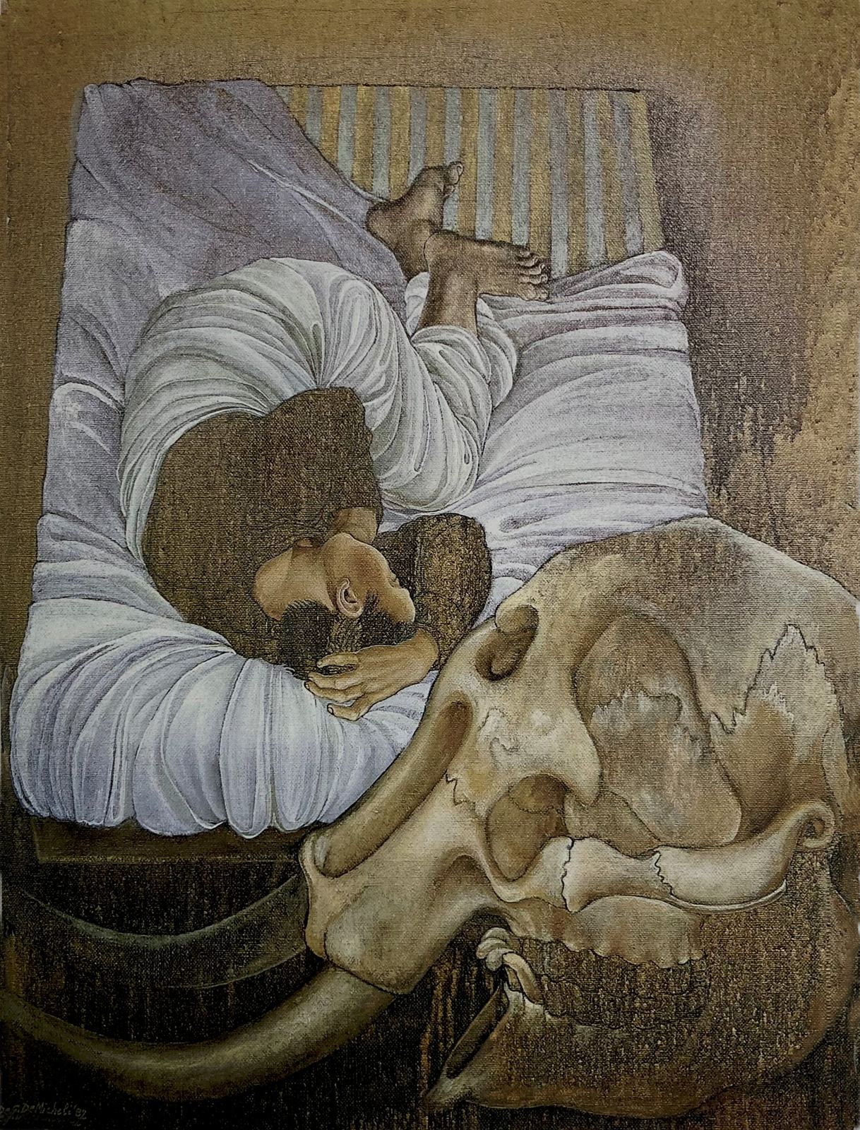 Il naturalista addormentato, olio su tela, cm. 110 x 100, 1982