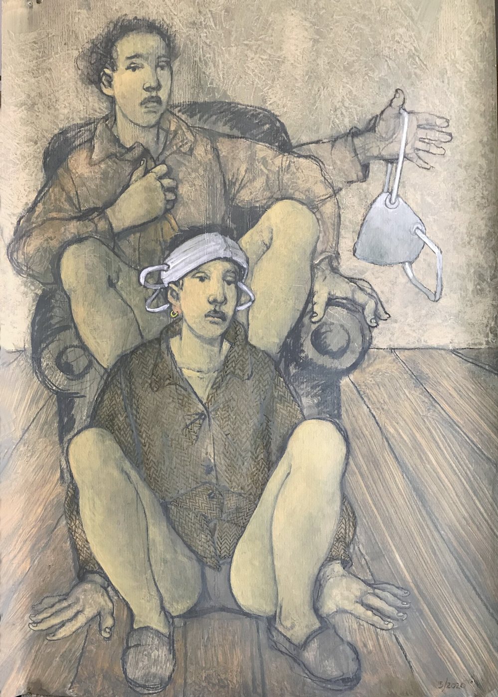 Omaggio a Egon Schiele - La coppia 1, olio su carta, 100 x 70, 2020