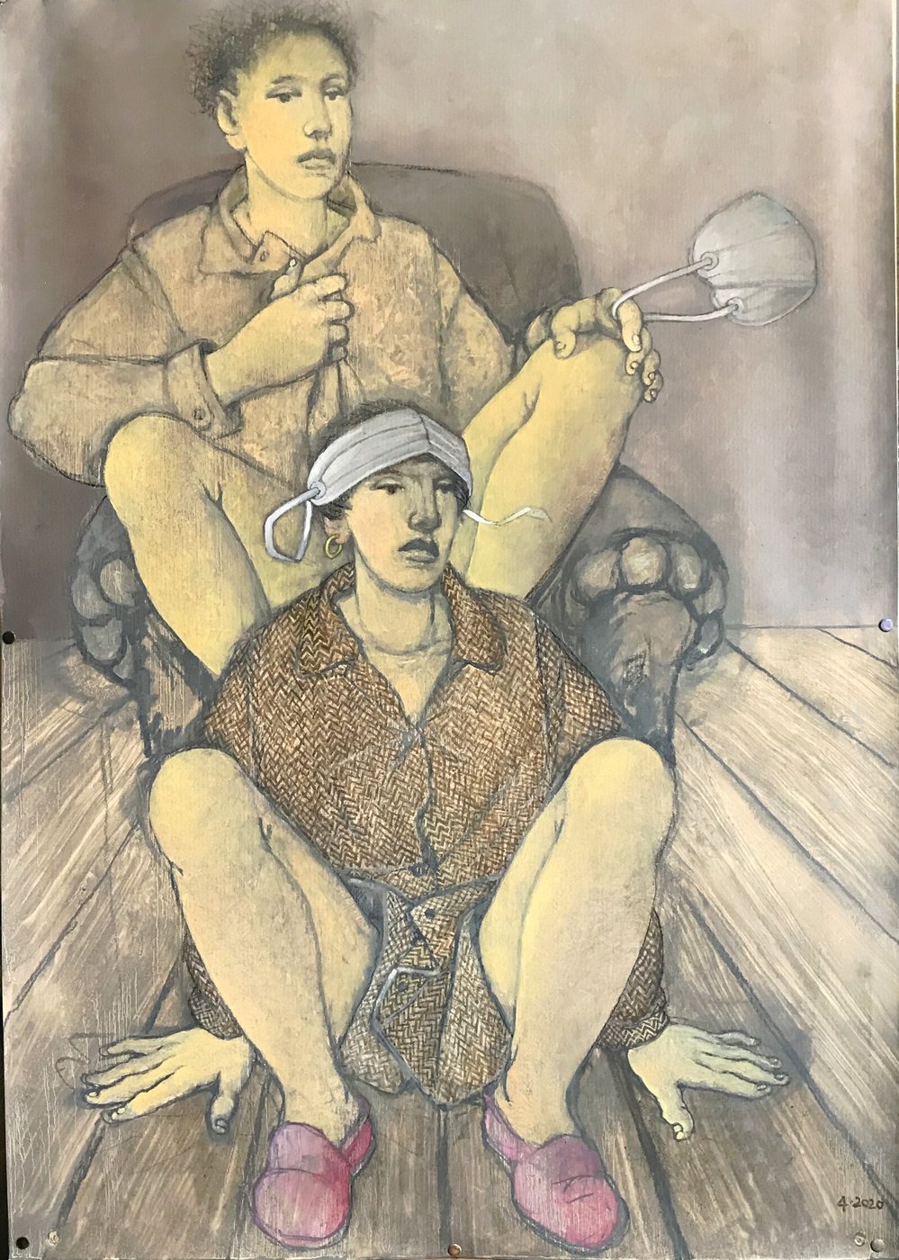 Omaggio a Egon Schiele - La coppia 2, olio su carta, 100 x 70, 2020