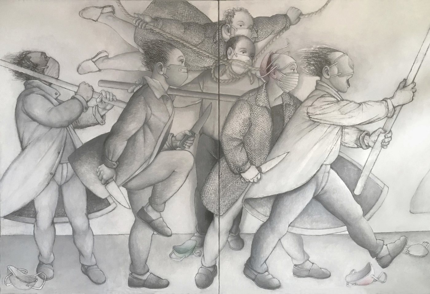 Parabola delle mascherine, dittico, acrilico su tela, cm. 130 x 200, 2020